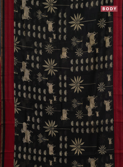 Chanderi silk cotton saree black and red with pichwai prints and kantha stitch work border