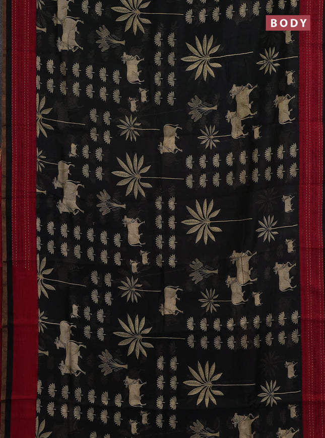 Chanderi silk cotton saree black and red with pichwai prints and kantha stitch work border