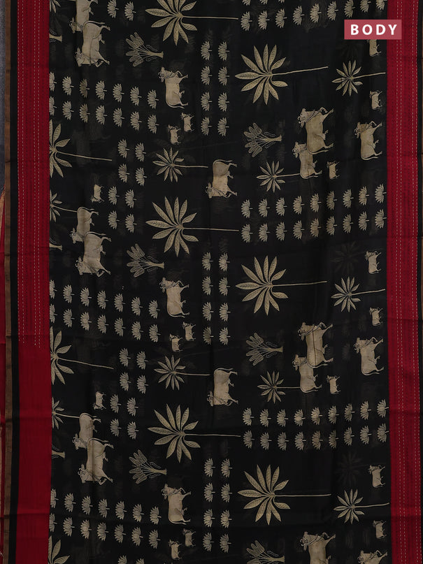 Chanderi silk cotton saree black and red with pichwai prints and kantha stitch work border
