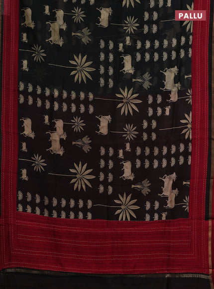 Chanderi silk cotton saree black and red with pichwai prints and kantha stitch work border