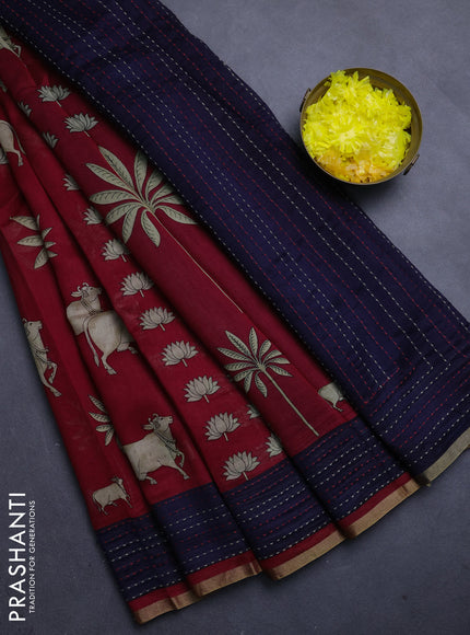 Chanderi silk cotton saree red and navy blue with pichwai prints and kantha stitch work border