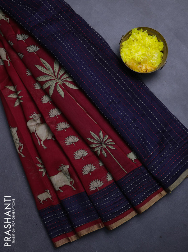 Chanderi silk cotton saree red and navy blue with pichwai prints and kantha stitch work border