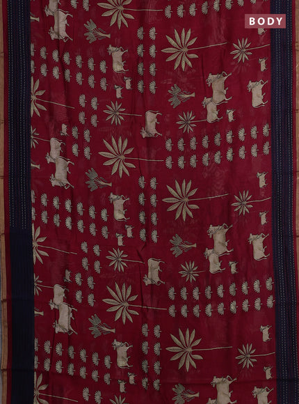 Chanderi silk cotton saree red and navy blue with pichwai prints and kantha stitch work border