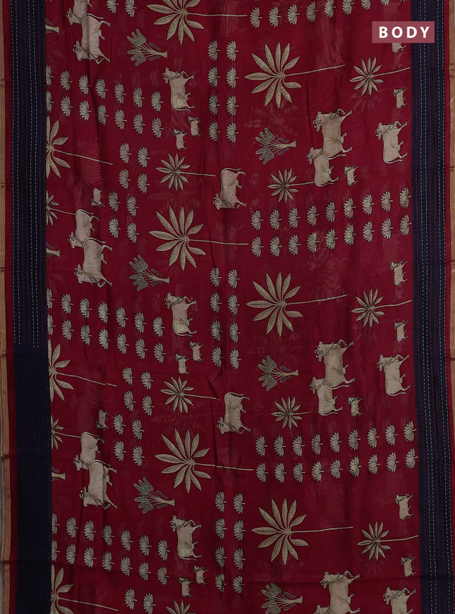 Chanderi silk cotton saree red and navy blue with pichwai prints and kantha stitch work border
