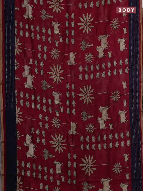 Chanderi silk cotton saree red and navy blue with pichwai prints and kantha stitch work border