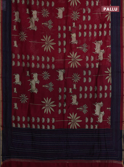 Chanderi silk cotton saree red and navy blue with pichwai prints and kantha stitch work border