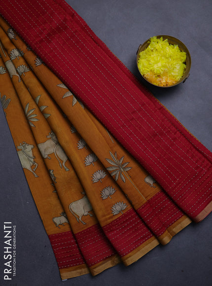 Chanderi silk cotton saree mustard and red with pichwai prints and kantha stitch work border