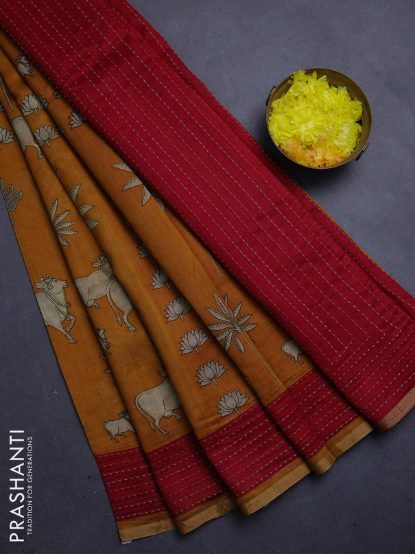 Chanderi silk cotton saree mustard and red with pichwai prints and kantha stitch work border