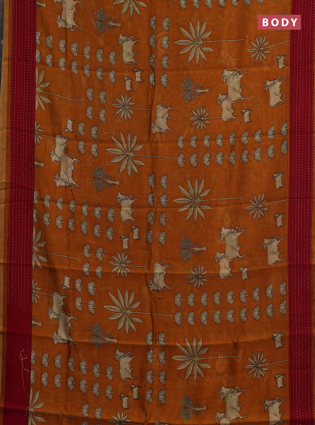 Chanderi silk cotton saree mustard and red with pichwai prints and kantha stitch work border