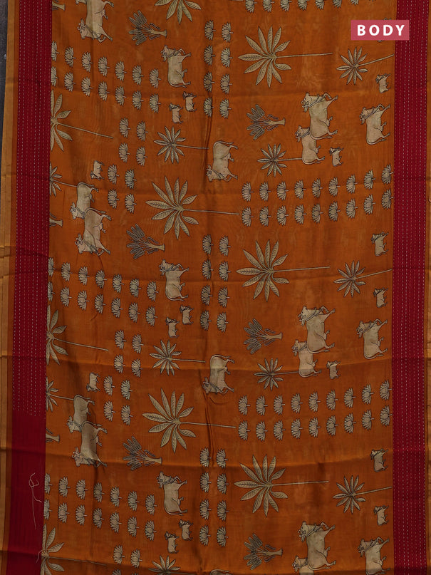 Chanderi silk cotton saree mustard and red with pichwai prints and kantha stitch work border