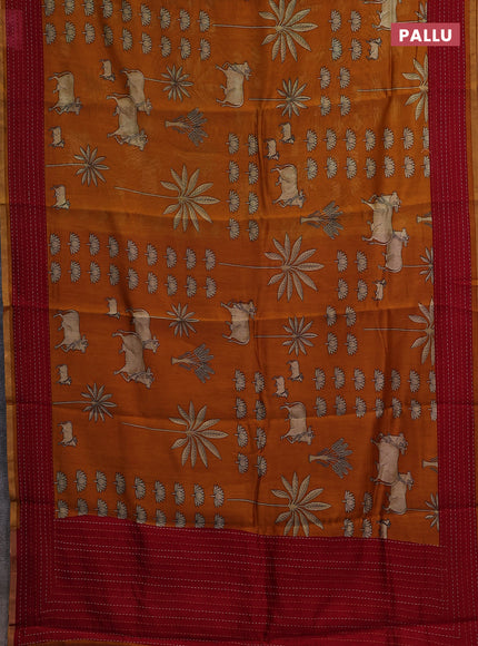 Chanderi silk cotton saree mustard and red with pichwai prints and kantha stitch work border