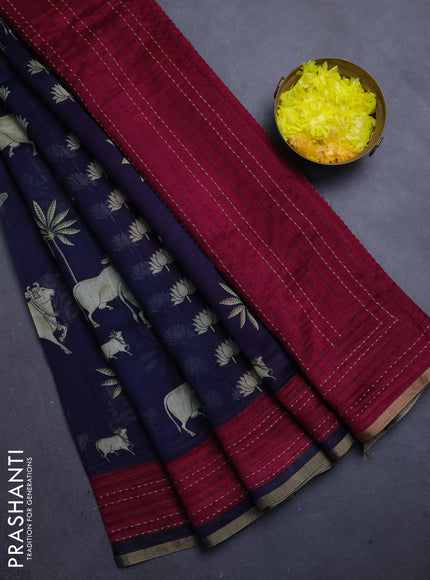 Chanderi silk cotton saree navy blue and magenta pink with pichwai prints and kantha stitch work border