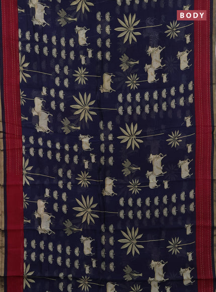 Chanderi silk cotton saree navy blue and magenta pink with pichwai prints and kantha stitch work border