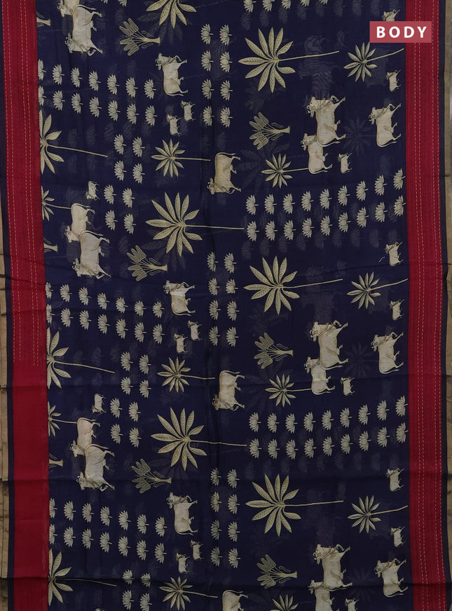 Chanderi silk cotton saree navy blue and magenta pink with pichwai prints and kantha stitch work border