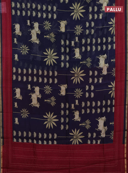 Chanderi silk cotton saree navy blue and magenta pink with pichwai prints and kantha stitch work border