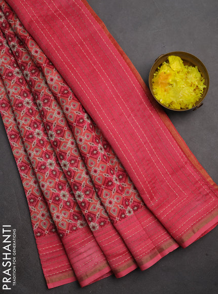 Chanderi silk cotton saree peach shade with allover patola prints and kantha stitch work border