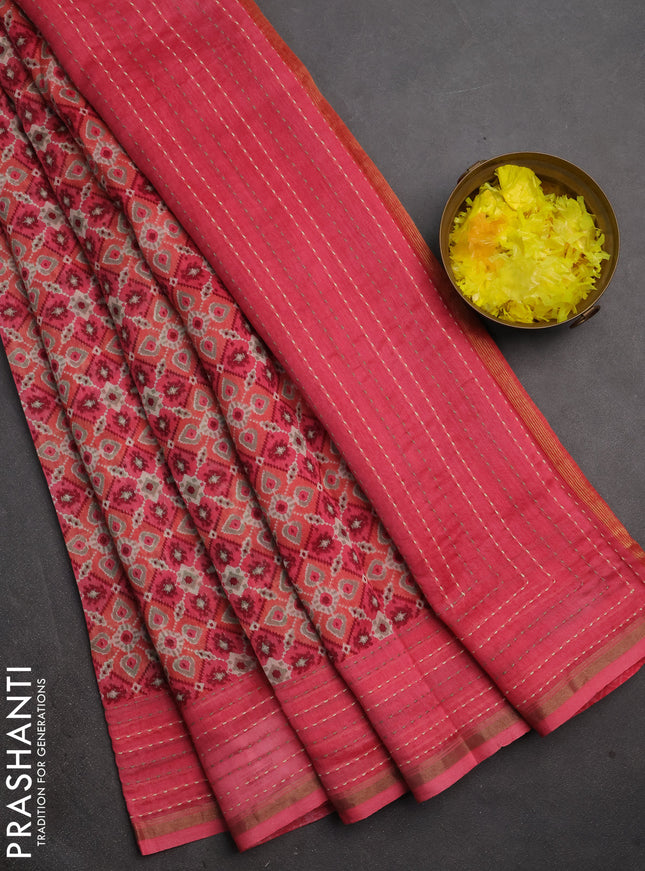 Chanderi silk cotton saree peach shade with allover patola prints and kantha stitch work border