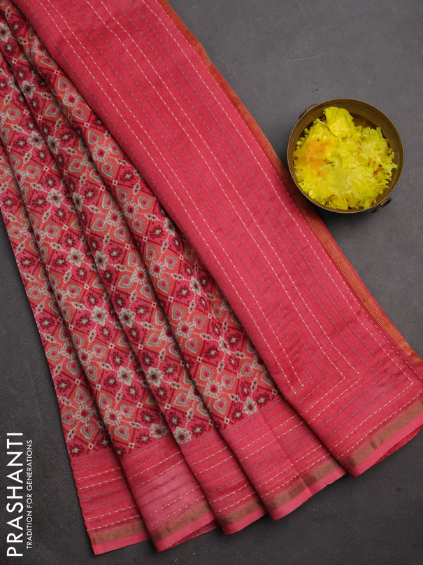 Chanderi silk cotton saree peach shade with allover patola prints and kantha stitch work border