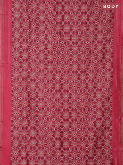 Chanderi silk cotton saree peach shade with allover patola prints and kantha stitch work border