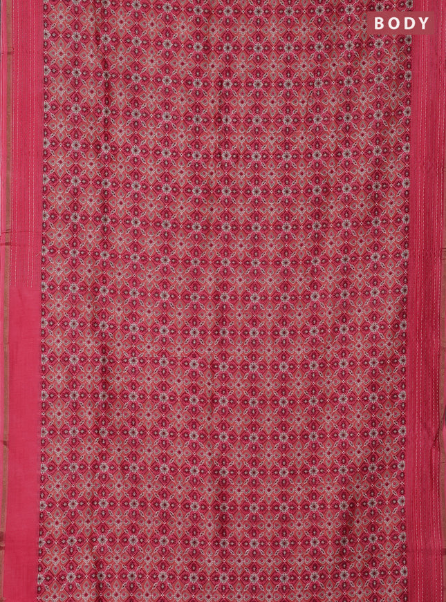 Chanderi silk cotton saree peach shade with allover patola prints and kantha stitch work border