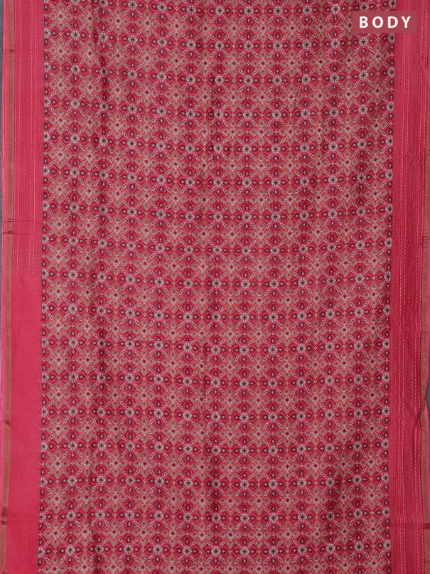 Chanderi silk cotton saree peach shade with allover patola prints and kantha stitch work border