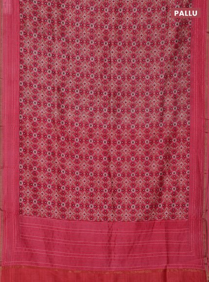 Chanderi silk cotton saree peach shade with allover patola prints and kantha stitch work border