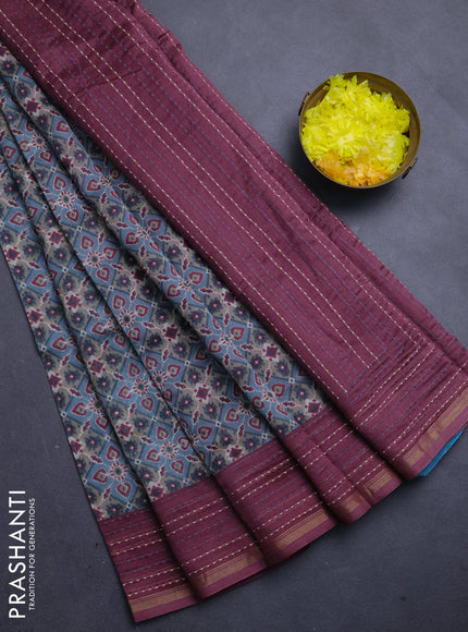 Chanderi silk cotton saree grey and wine with allover patola prints and kantha stitch work border