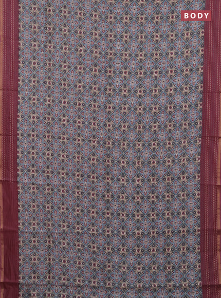 Chanderi silk cotton saree grey and wine with allover patola prints and kantha stitch work border
