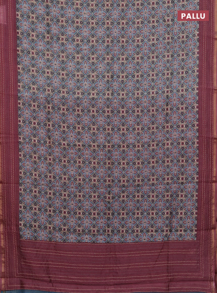 Chanderi silk cotton saree grey and wine with allover patola prints and kantha stitch work border