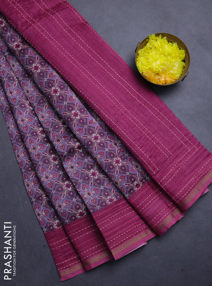 Chanderi silk cotton saree lavender and magenta with allover patola prints and kantha stitch work border