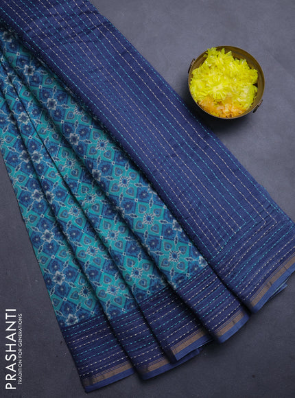 Chanderi silk cotton saree teal green and navy blue with allover patola prints and kantha stitch work border