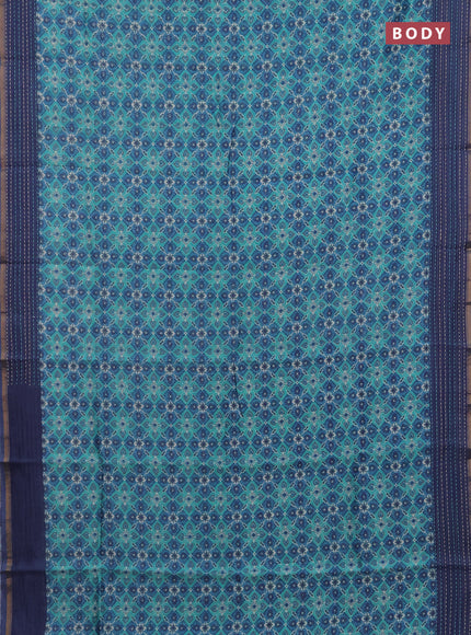 Chanderi silk cotton saree teal green and navy blue with allover patola prints and kantha stitch work border