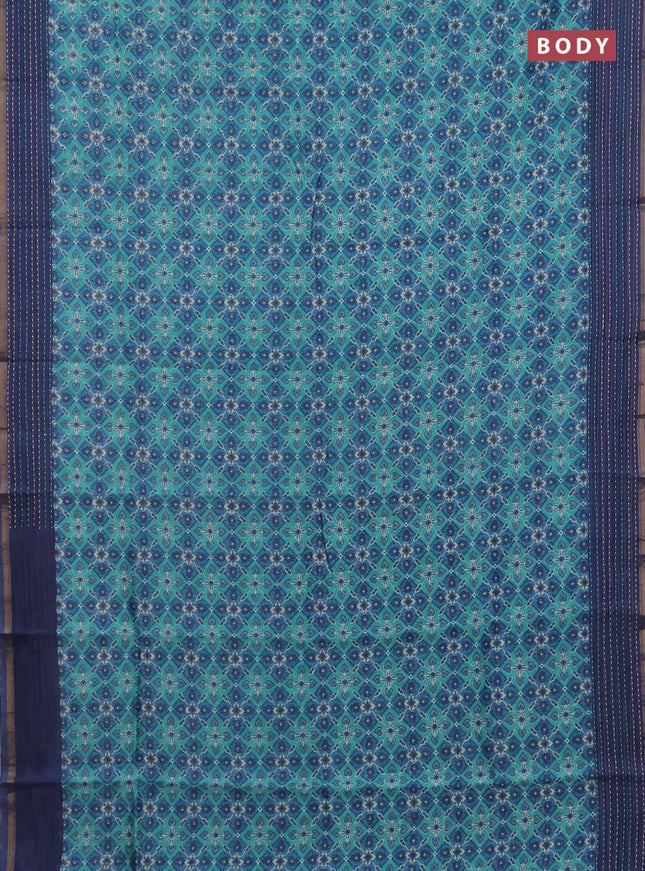 Chanderi silk cotton saree teal green and navy blue with allover patola prints and kantha stitch work border