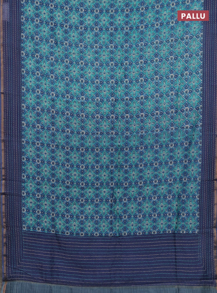 Chanderi silk cotton saree teal green and navy blue with allover patola prints and kantha stitch work border