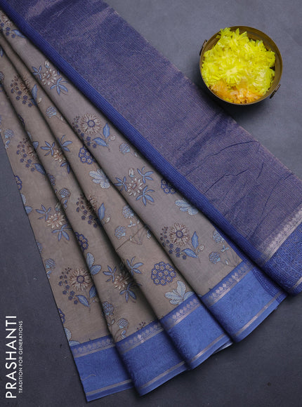 Chanderi silk cotton saree beige and blue with allover floral prints and woven border