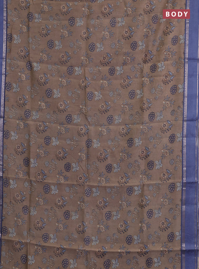 Chanderi silk cotton saree beige and blue with allover floral prints and woven border