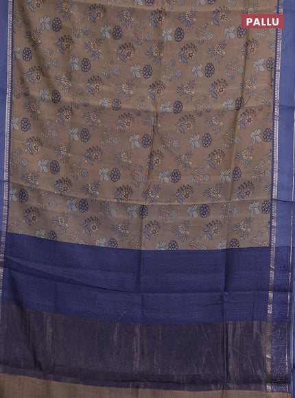 Chanderi silk cotton saree beige and blue with allover floral prints and woven border