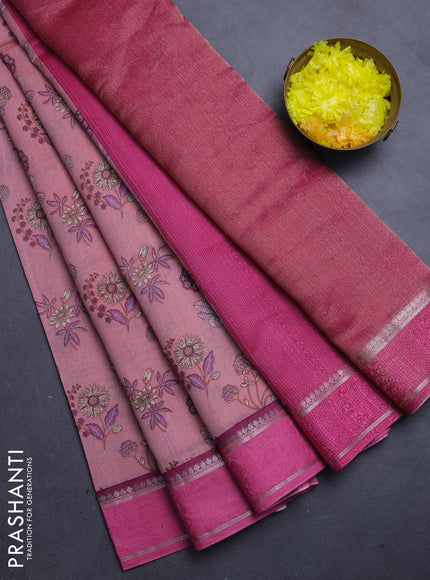 Chanderi silk cotton saree light pink and pink with allover floral prints and woven border