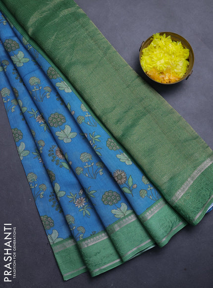 Chanderi silk cotton saree blue and green with allover floral prints and woven border