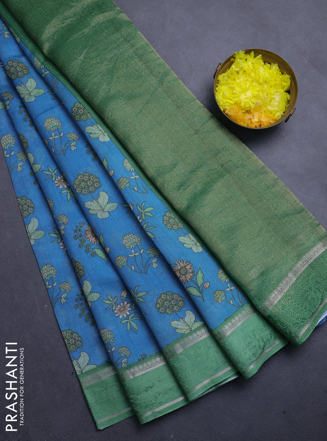 Chanderi silk cotton saree blue and green with allover floral prints and woven border