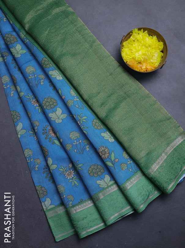 Chanderi silk cotton saree blue and green with allover floral prints and woven border