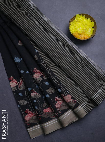 Chanderi silk cotton saree black and grey with pichwai prints and woven border