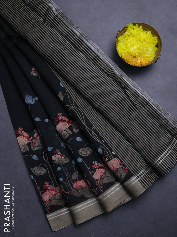 Chanderi silk cotton saree black and grey with pichwai prints and woven border