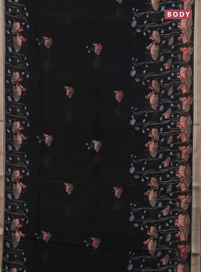 Chanderi silk cotton saree black and grey with pichwai prints and woven border