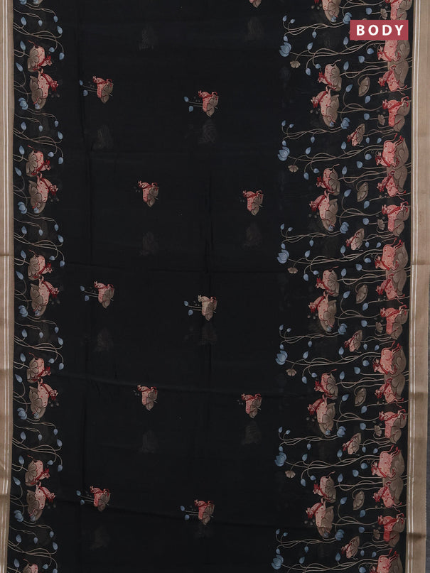 Chanderi silk cotton saree black and grey with pichwai prints and woven border