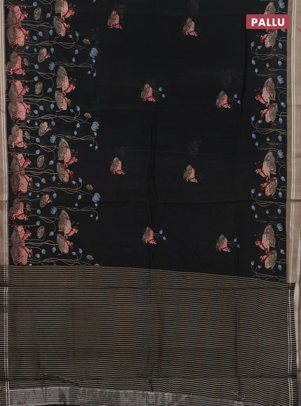 Chanderi silk cotton saree black and grey with pichwai prints and woven border