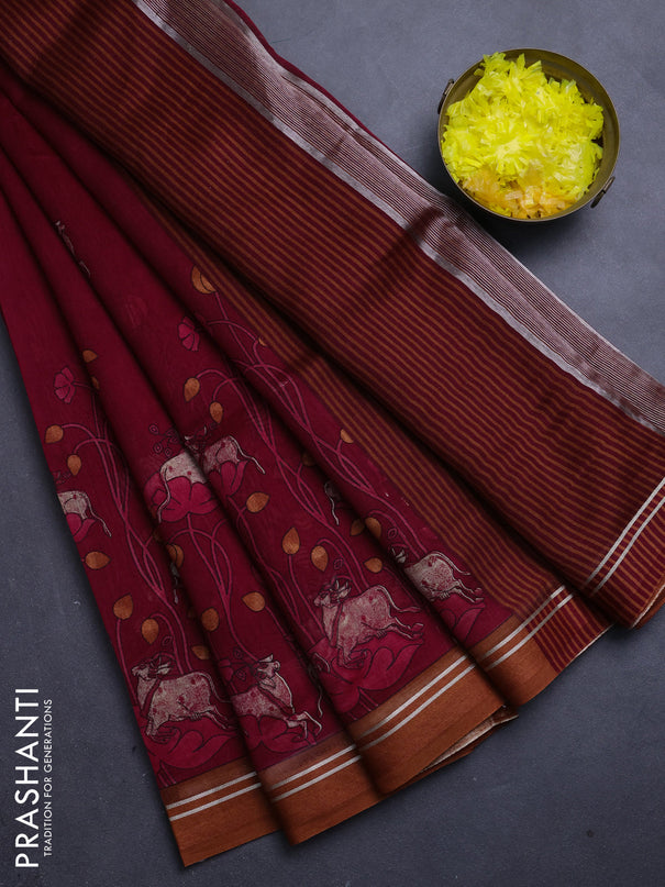 Chanderi silk cotton saree maroon and rust shade with pichwai prints and woven border