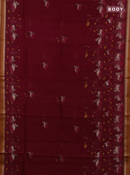 Chanderi silk cotton saree maroon and rust shade with pichwai prints and woven border