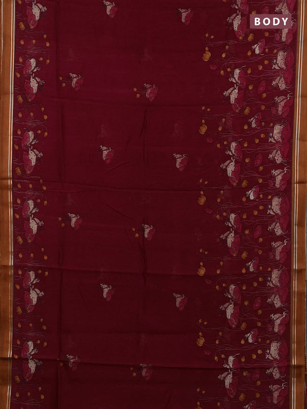 Chanderi silk cotton saree maroon and rust shade with pichwai prints and woven border