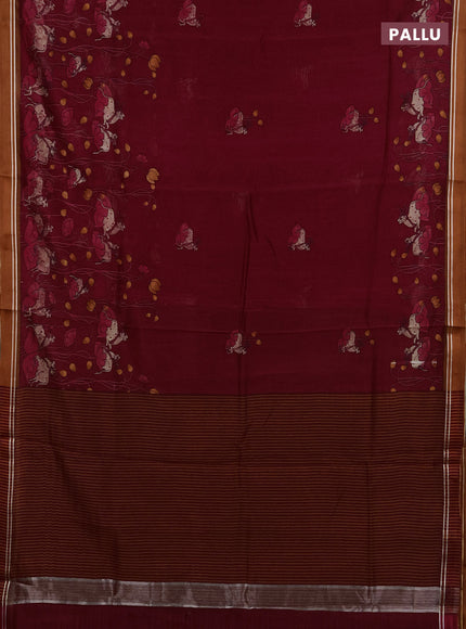 Chanderi silk cotton saree maroon and rust shade with pichwai prints and woven border